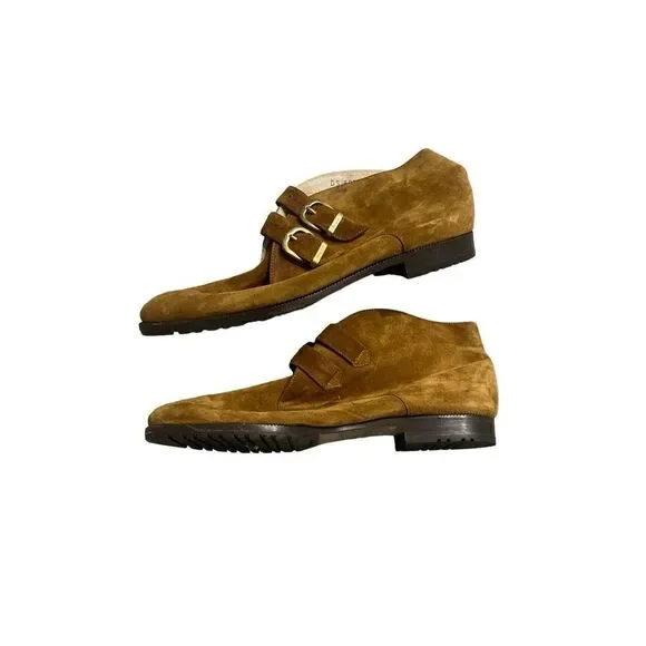 Ferragamo Womens Tan Double Buckle Suede Ankle Boots Size 6B
